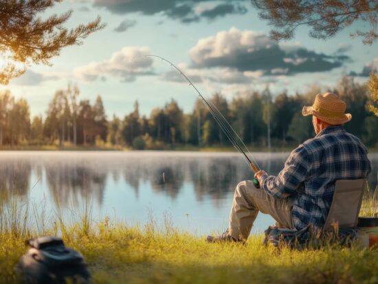 Relaxing fishing at a serene lakeside during sunset in a peaceful natural setting