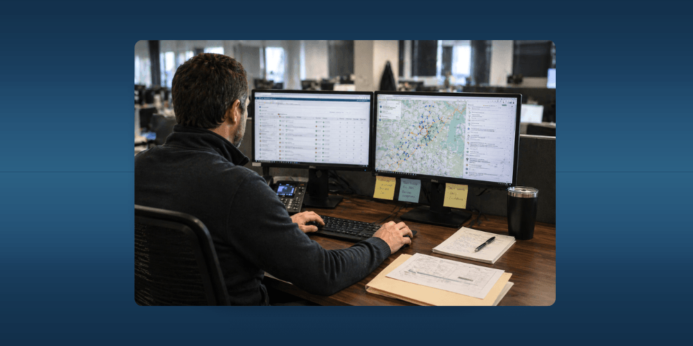 Man reviewing compliance information on computer screens